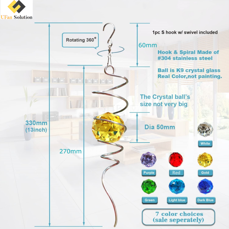 Technical diagram of the Wind Spinner Spiral detailing its 330mm size, 360° rotating hook, K9 crystal ball, and stainless steel construction.