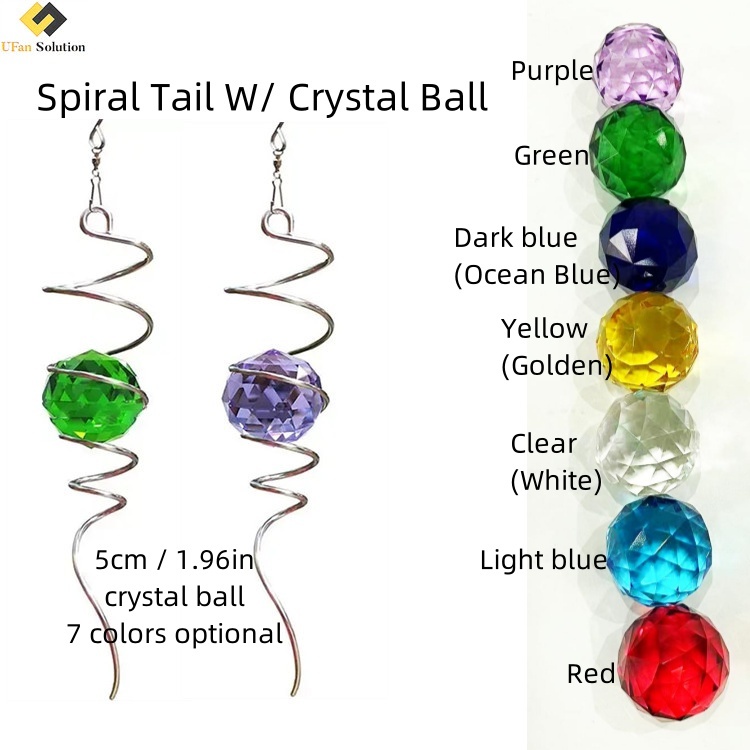 Close-up product shot of the Wind Spinner Spiral's spiral tail and 5cm crystal ball, showing the seven vibrant color options available.