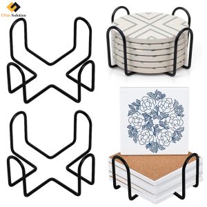 Black iron wire slate coaster holder neatly displaying six round 4-inch slate coasters, highlighting its sturdy metal construction and compact design.