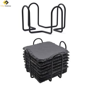 Black iron wood coaster holder displaying eight wooden coasters, featuring sturdy wire construction and compact square design for organized storage.