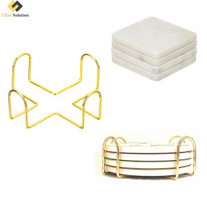 Gold iron wire wooden coasters with holder rack displaying four coasters neatly stacked.