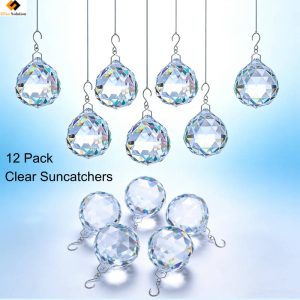 Pack of 12 clear crystal prism suncatchers, faceted balls hanging on metal hooks, designed to catch sunlight and create rainbow light effects in home decoration.
