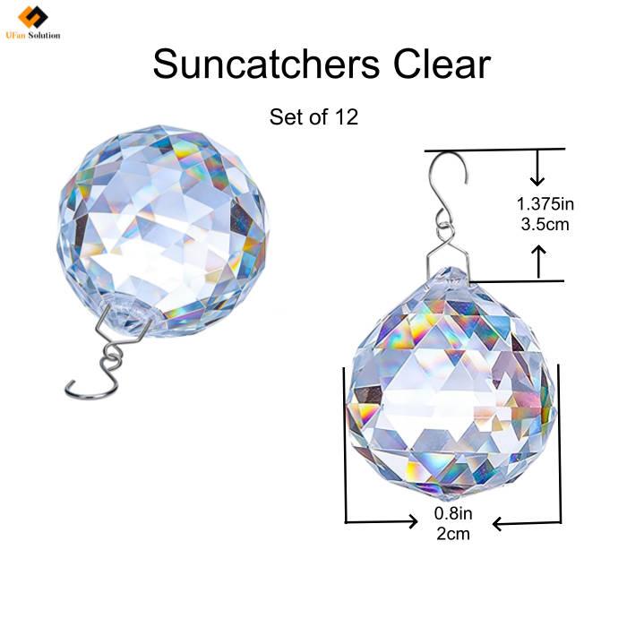 Close-up diagram of a crystal prism suncatcher showing dimensions (approx. 2cm diameter), transparent faceted design, and metal hanging hardware details.