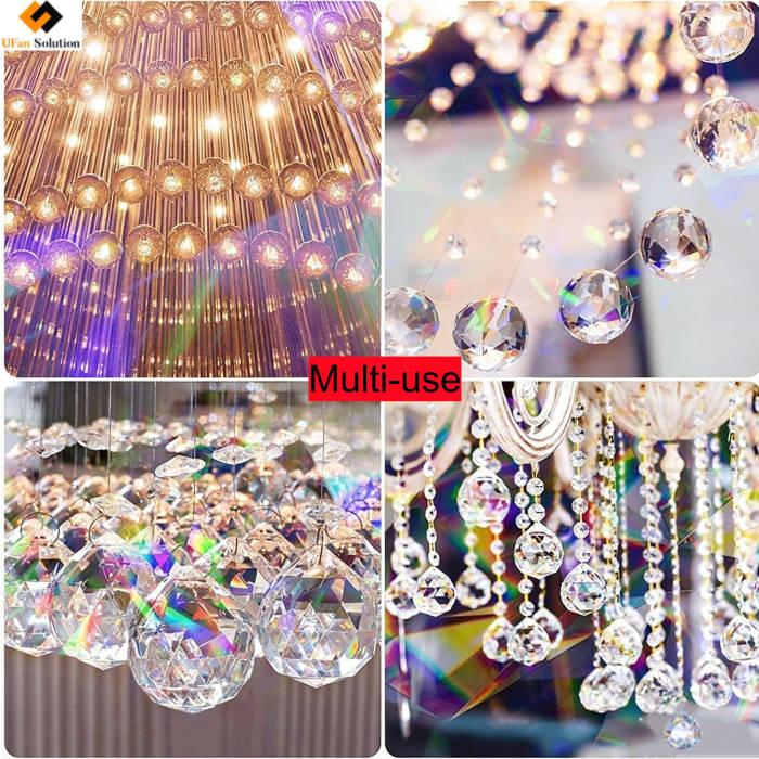 Multi-use crystal prism suncatchers arranged in chandeliers, wedding decorations, and party centerpieces, showcasing vibrant rainbow light reflections and elegant ambiance.