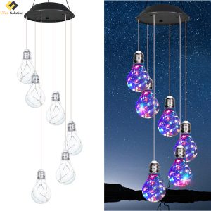 Wind Chime Solar at night with six bulb-shaped lights glowing in multicolor LED against a starry sky.