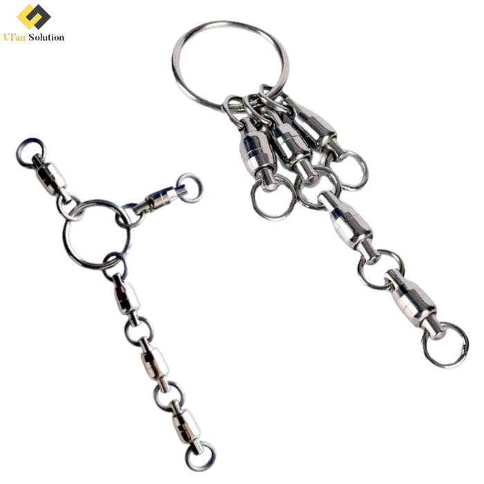 A collection of polished stainless steel 5 in 1 Dual-Bearing Swivels connected together and attached to a key ring, demonstrating their assembly and compact design.