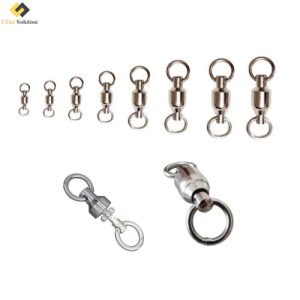 A flat-lay product display of multiple sets of UFan Solution stainless steel Ball Bearing Swivels in ascending sizes on a white background, showcasing their ball bearing mechanism and industrial design.