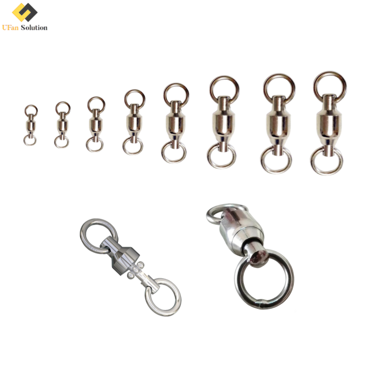 A flat-lay product display of multiple sets of UFan Solution stainless steel Ball Bearing Swivels in ascending sizes on a white background, showcasing their ball bearing mechanism and industrial design.