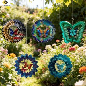 Butterfly wind spinners hanging in a vibrant garden, 30cm stainless steel outdoor decor.
