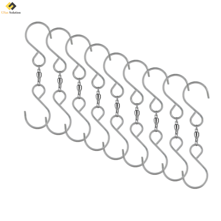 A top-down product photo showing a neatly arranged row of silver Dual Swivel S Hooks​ on a white background. The UFan Solution logo is visible in the corner.