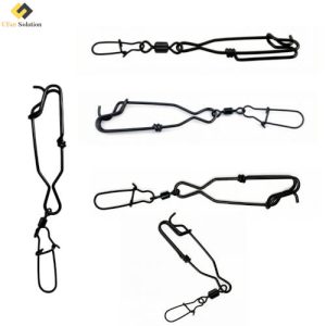 A collection of five black Long Line Clips Snap Swivel accessories in different designs, displayed on a white background.