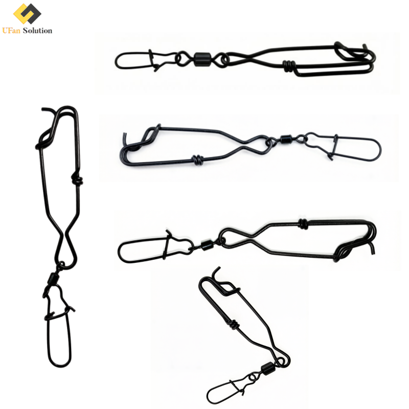 A collection of five black UFan Solution Long Line Clips Snap Swivel accessories in different designs, displayed on a white background.