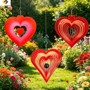 Vibrant red heart wind spinner hanging in a sunny garden, adding a romantic and dynamic touch to outdoor floral spaces.