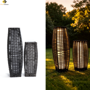 Solar lights outdoor waterproof rattan lanterns glowing in a garden at dusk.