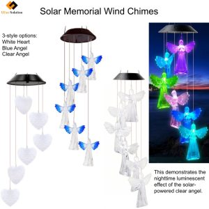 Informative guide image for Solar Memorial Wind Chimes showing size, waterproof switch operation, 3 style options, and solar panel charging instructions.