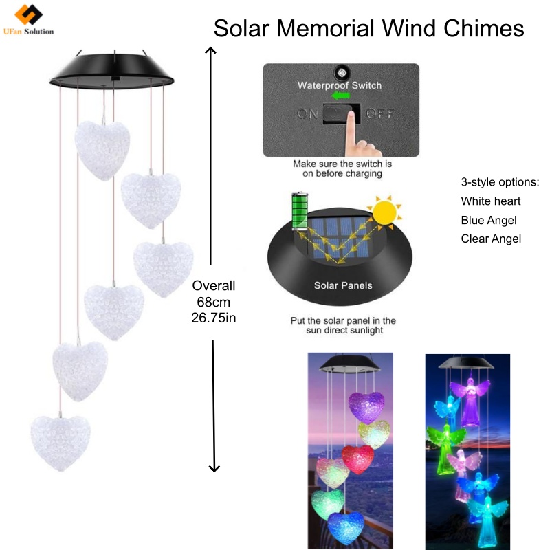 Solar Memorial Wind Chimes with six white heart pendants in a sunny garden setting.