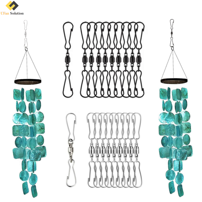 A product kit for making wind chimes, showing two complete silver and blue-green chimes on the sides, with multiple black and silver attachment components, including the black swivel dual clip hook, arranged in the center on a white background.