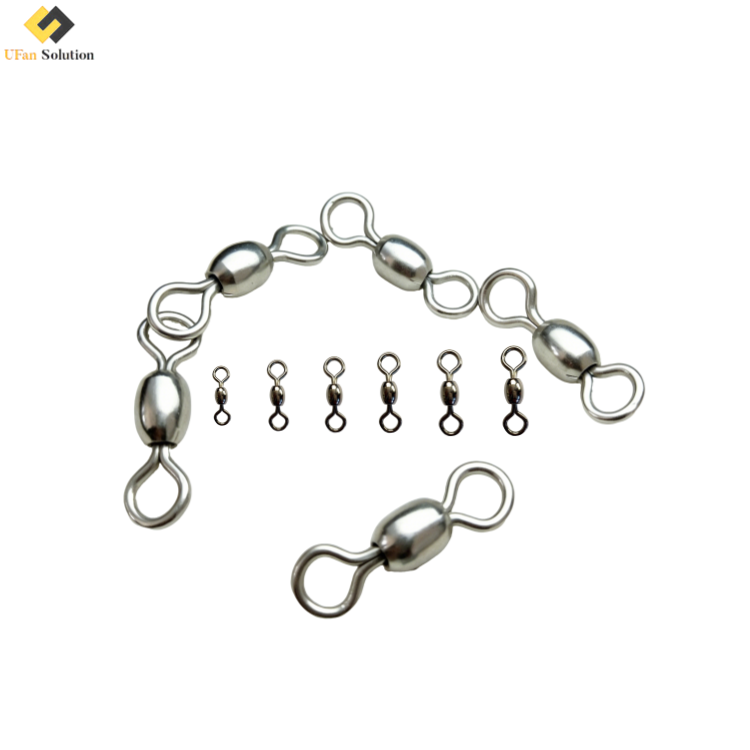 An assortment of various sizes of silver stainless steel swivel spinners for fishing tackle, displayed on a white background.