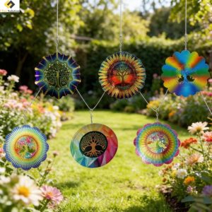 Colorful Tree of Life Wind Spinner hanging in a sunny garden, made of stainless steel with 360° rotating hook, 12in diameter.