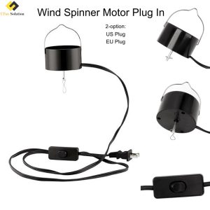 The power switch and wire of the Wind Spinner Motor Plug In, highlighting US and EU plug options.