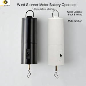 Side-by-side comparison of a black and a white wind spinner motor, both with hanging hooks and 'ON/OFF' switches, demonstrating available color options.