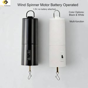 Side-by-side comparison of a black and a white Battery Operated Wind Spinner Motor, both with hanging hooks and 'ON/OFF' switches, demonstrating available color options.