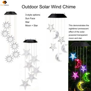 Outdoor Solar Wind Chime product display showing three style options: Sun Face, Star, and Moon and Star.