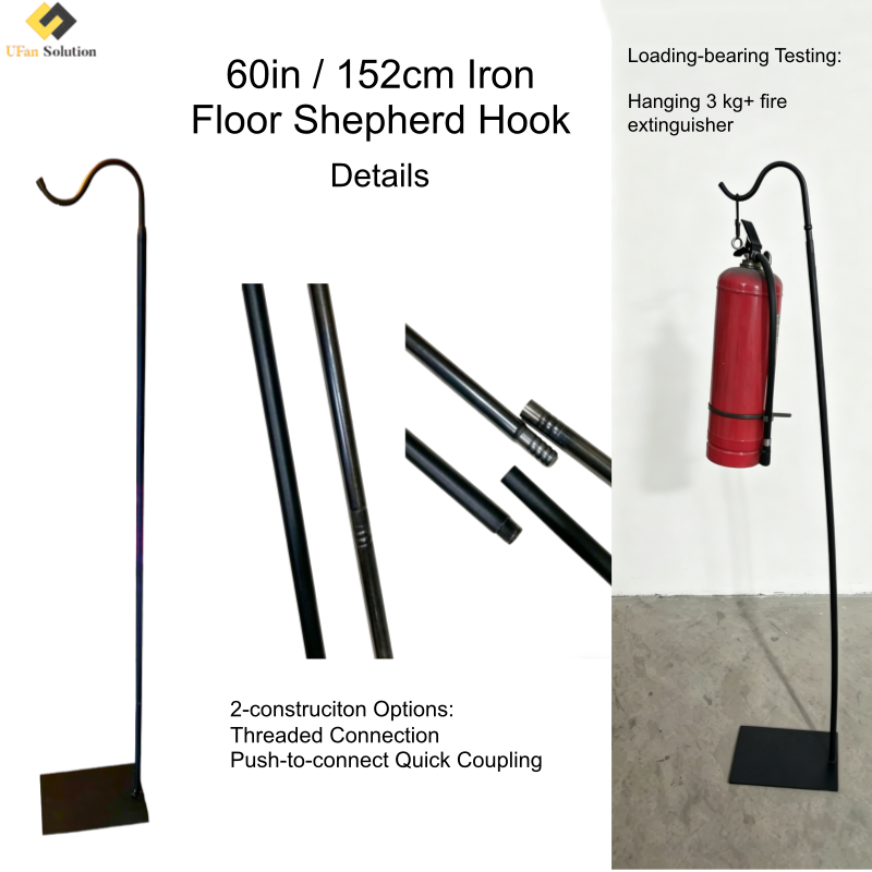 60-inch shepherds hook load-bearing test holding a 3kg+ fire extinguisher