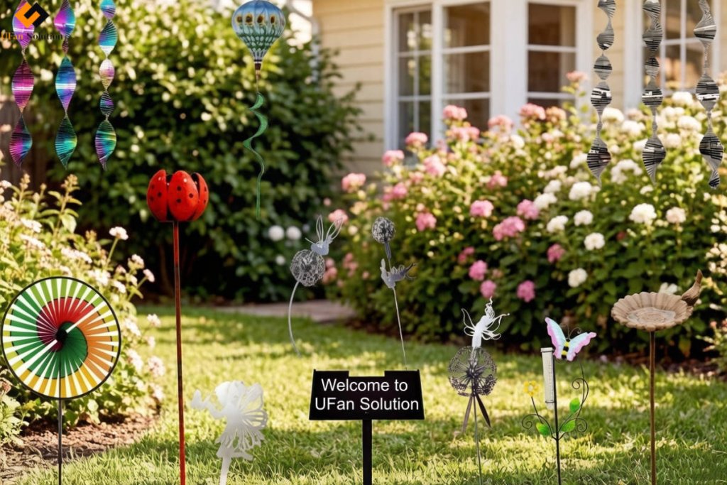 Garden Wholesale outdoor garden decorations like wind spinners, ladybug stakes, butterfly ornaments, and bird baths displayed in a lush, flower - filled yard.