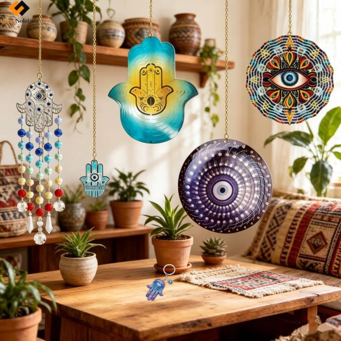Hamsa Hanging Decor Ideas – Colorful hand-shaped and evil eye wall art pendants for boho home decoration, displayed in a cozy plant-filled living room.