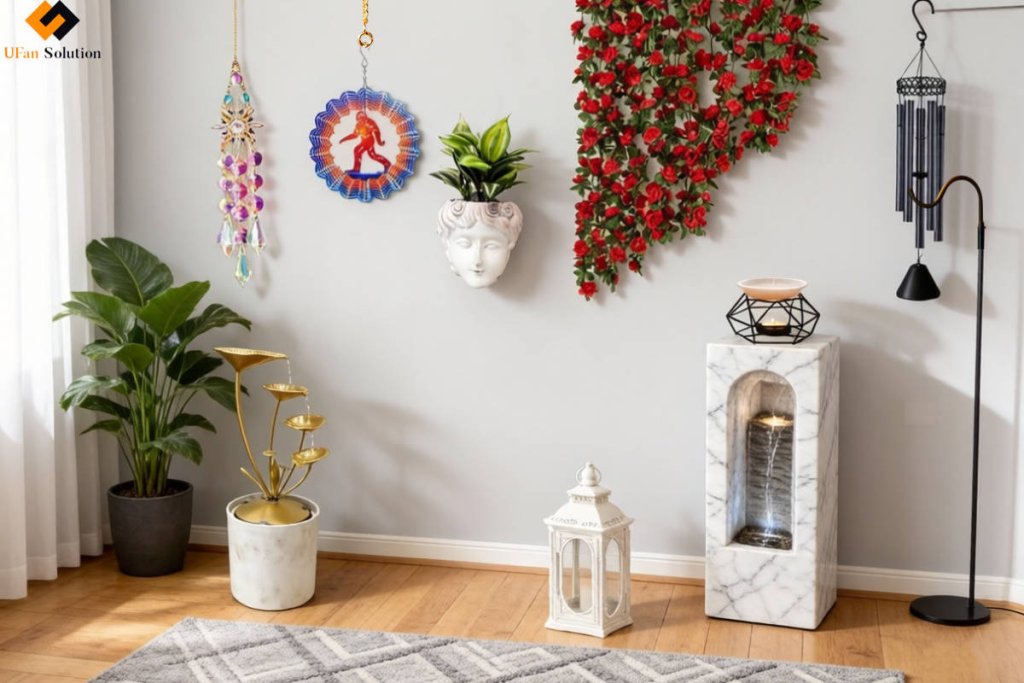 A stylish interior corner showcasing eclectic home design elements, including a marble waterfall feature, a classical head planter with greenery, vibrant hanging decorations, and warm ambient lighting.