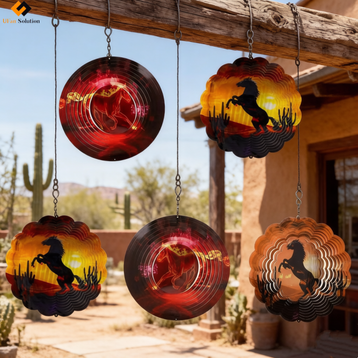 Horse Wind Spinners Hanging on Rustic Porch – Desert Theme with Cacti & Sunset Motif