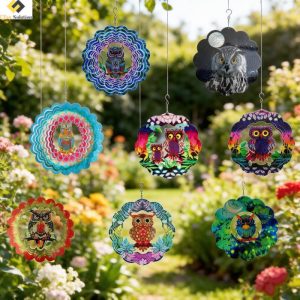 Colorful Owl Wind Spinners hanging in a vibrant flower garden, showcasing 8 unique owl designs on 30cm stainless steel frames.