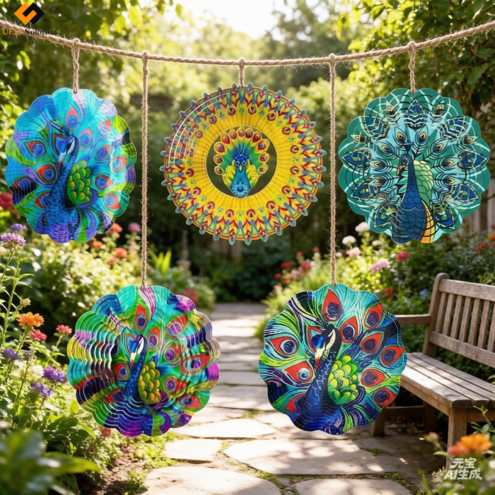 Colorful Peacock Wind Spinners Hanging in Garden Bunting