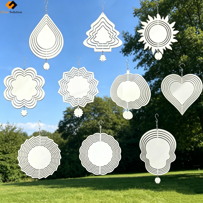 Collection of various shaped white wind spinner sublimation blank including teardrop, tree, and heart designs.
