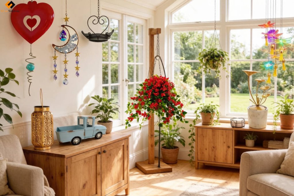 Cozy living room with Home Decoration Garden elements: hanging plants, colorful wind chimes, potted greenery, wooden cabinets, and sunlit windows overlooking a lush garden.
