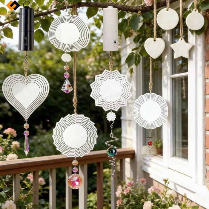 Sublimation Blanks Wholesale: Assorted Heart, Star, Sun & Circle Wind Chimes with Crystal Accents for Customization – Perfect for Garden, Patio, or Home Decor