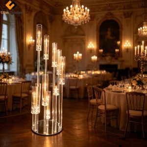 10Arm Tall Crystal Candle Holders Candelabra in Luxury Wedding Ballroom | 120cm Crystal Centerpiece with LED Candles | Glass Candle Holders for Tabletop Displays