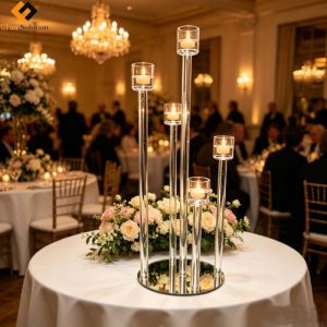 Crystal Modern Floating Candle Candelabras with 5 arms (Round 5 Cylinder Cups, 70cm) with Mirror Base & Floral Decor for Wedding Table