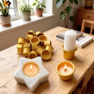 Gold Cup Candle Holder Metal 500-Pack with Candles & Decor in Home Setting