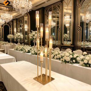 Gold Large Metal Candle Centerpiece 8 - Arm 126cm Wedding Table Decor with White Florals & Crystal Chandeliers