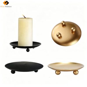 Iron Plate Candlestick Holder with 3 Round Ball Feet, Available in Black & Gold, Metal Tray for Candle Display