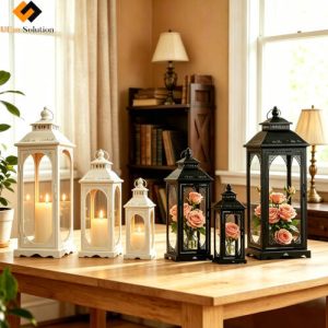 Iron Black Large Lanterns Candle Holders (Set of 3) with White Lanterns | Indoor Decor