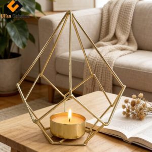 Gold Teardrop Wire Frame Candle Stick Holder in Living Room Setting with Tealight Candle