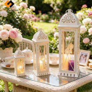 Set of 3 White Iron Glass Candle Lantern Holder on Garden Tea Table with Flowers, Tea Set & Wedding Decor