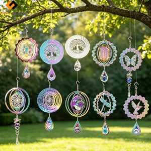 Wholesale 10pcs/item Mirror Reflective Wind Spinner with Glass Tail display, showcasing uniform bulk sets of Iridescent 3d colorful wind spinner mandala with Teardrop Pendant and stainless steel designs for non-mixed B2B orders.
