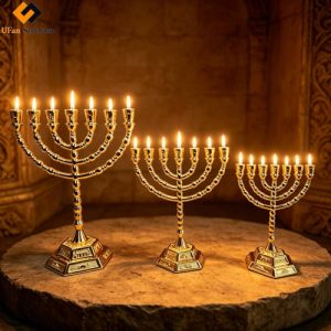 7 Branch Flat Top Temple Menorah Candelabra, Gold Zinc Alloy 7-Arm Menorah Bulk Sale (Candles for Display Only)
