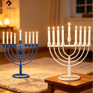 9 Arms Hanukkah Menorah Candelabrum (Blue with Star of David & White Iron 9 Arm Candlestick Menorah Candelabra), candle holders for Hanukkah, 200pcs/color B2B wholesale