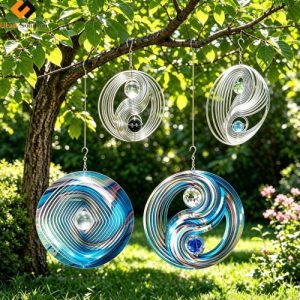 Fengshui Balance 3d Wind Spinner Hanging featuring 8in Tai Chi Garden Spinner and 12in Rainbow Yin Yang Windspinners