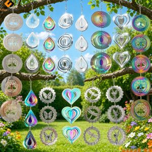 10 String Mini Metal Mirror Rainbow Wind Spinner String 14in -25in Display featuring 10cm of each panel garden decorations on silver or rainbow wire.